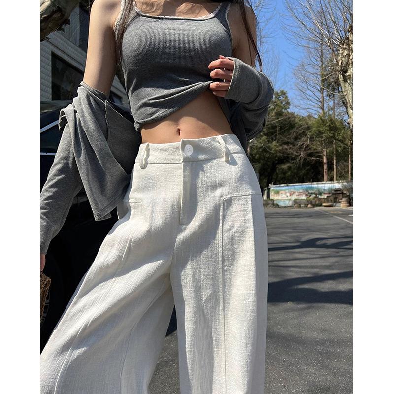 White linen wide-leg pants women's summer thin high-waisted drooping old money wind straight cotton and linen straight suit casual pants