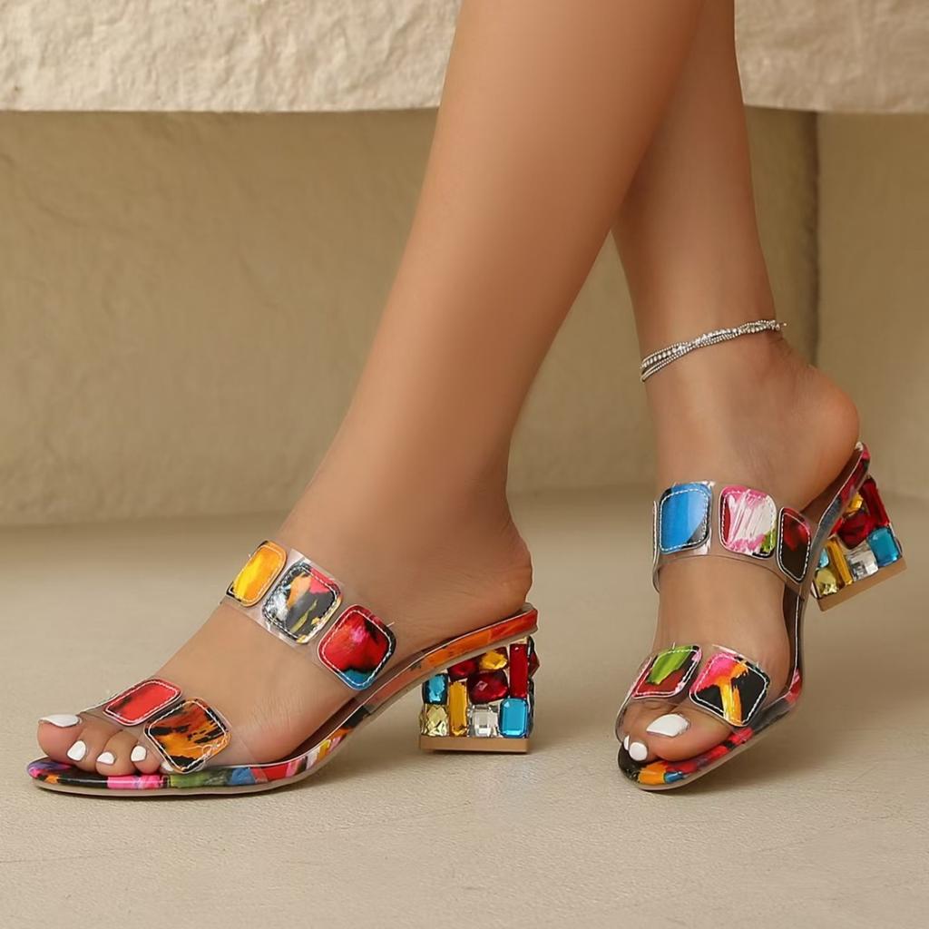 Large size outer wear fashion cool slippers women's shoes thick heel one-word drag color heel sandals