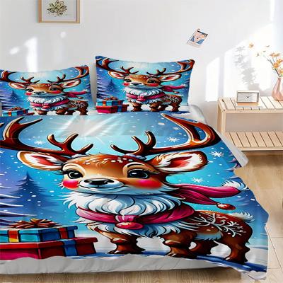 3pcs Christmas Deer Bedding Set - 1 Duvet Cover + 2 Pillowcases(Core Not Included), Machine Washable Polyester, All-Season Comfort, Bedroom