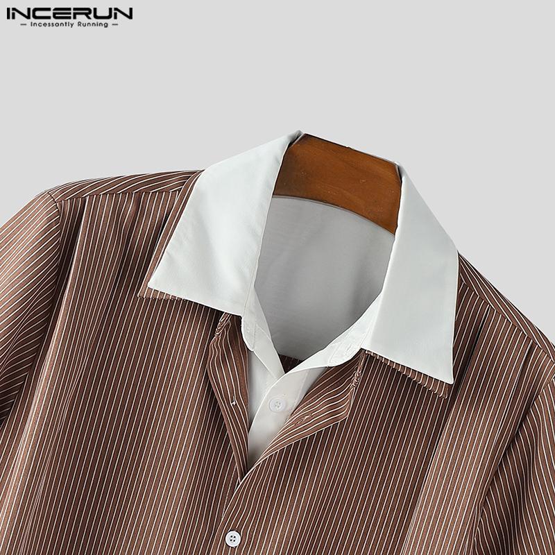 INCERUN Men Turn-down Collar Short Sleeve Patchwork Striped Casual Texture T-shirts