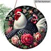 2D Flat 1pc, 8x8 In, Round Chicken Wreath Aluminum Metal Decorative Signs & Plaques - Vintage Farmhouse Wall Decor with Colorful Rooster & Floral