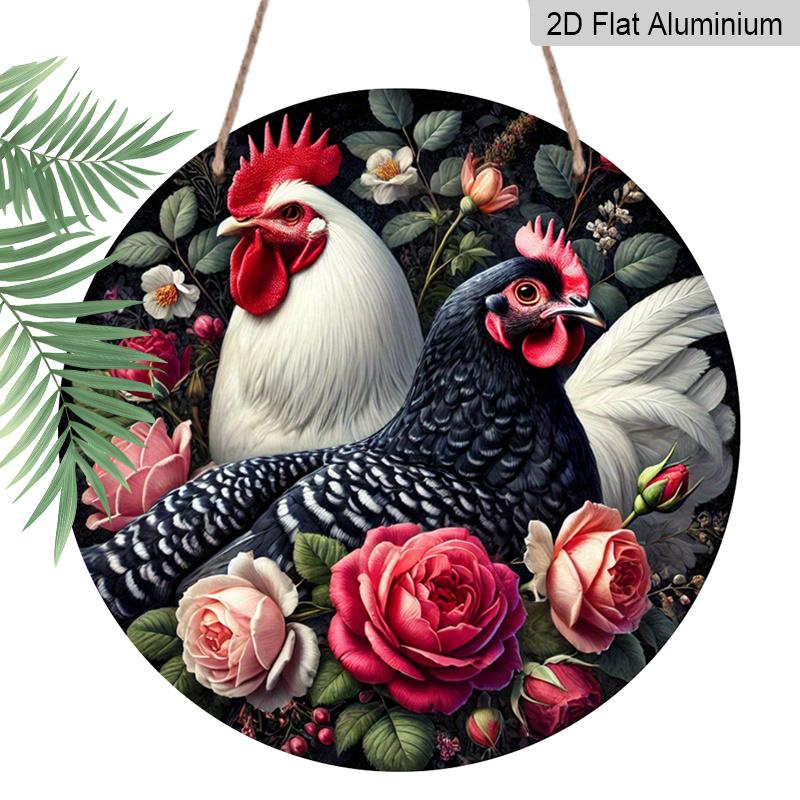 2D Flat 1pc, 8x8 In, Round Chicken Wreath Aluminum Metal Decorative Signs & Plaques - Vintage Farmhouse Wall Decor with Colorful Rooster & Floral
