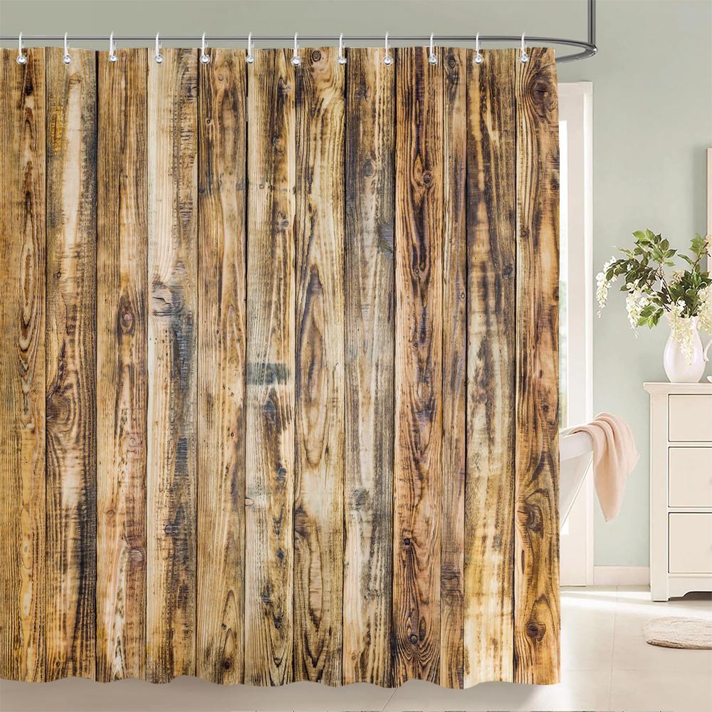 1Pcs Imitation Wood Grain Printed Fabric Waterproof Shower Curtain, Stripe Pattern Bathroom Decoration Curtain, With Hooks