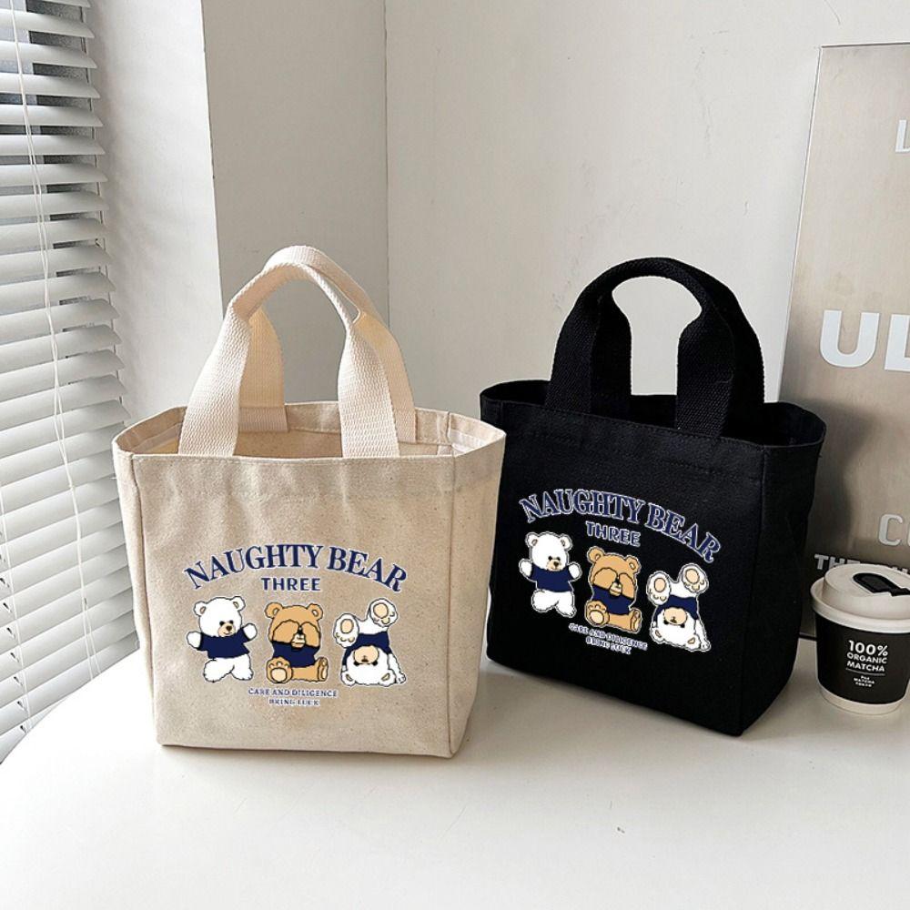 New Cartoon Embroidery Lunch Bag Casual Fashion Canvas Handbag Cute Bear Tote Bag Outdoor Food Storage Picnic Pouch