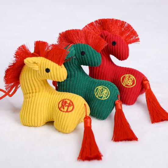 Plush Horse Toy Hanging Decoration Stuffed Lucky Pony Plushie with Red Tassels Year of Horse Mascot Doll Bag Charm New Year Holiday Gift