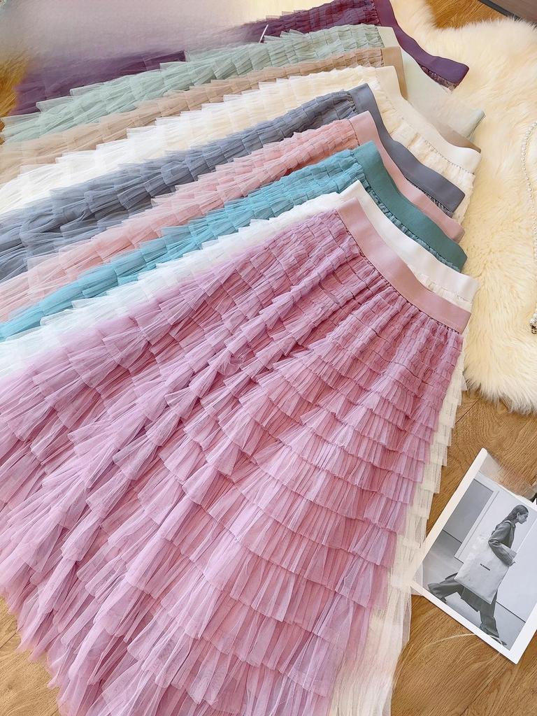 Korean Style Long Mesh Skirt Dress for Birthday, Holiday, Party, Dance - Mid-Length Socialite Swing Cake Skirt