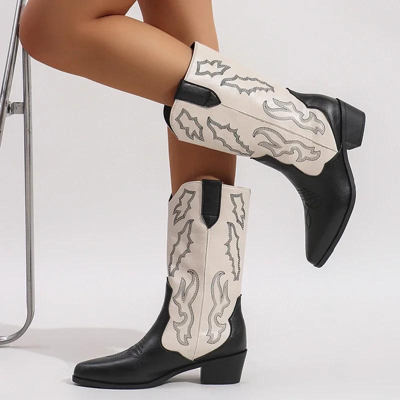 Embroidery Women Western Cowboy Boots Fashion Slip On Thick Heel Knight Long Booties Retro Style Autumn Winter Female Shoes