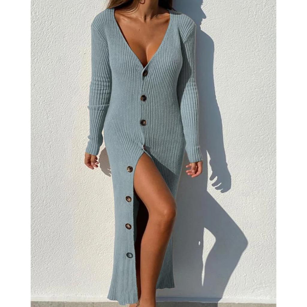 Plus Size Women's Casual Knit Threaded Button Long Sleeve Cardigan Dresses
