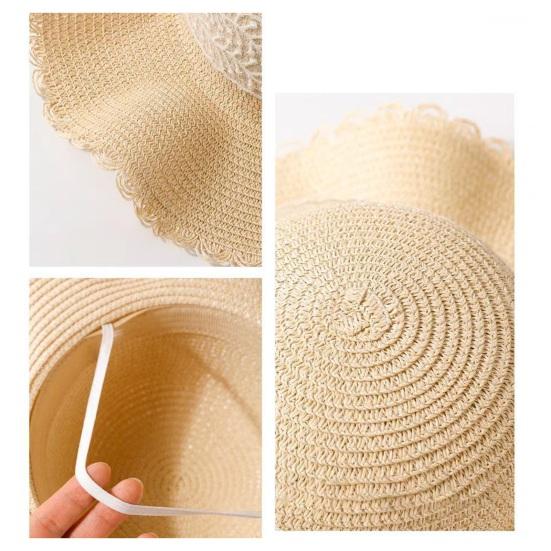 Sun Hat Large Wavy Brim Breathable Summer Straw Hat with Lace Bow Tulip Decor Foldable Portable Travel Hat