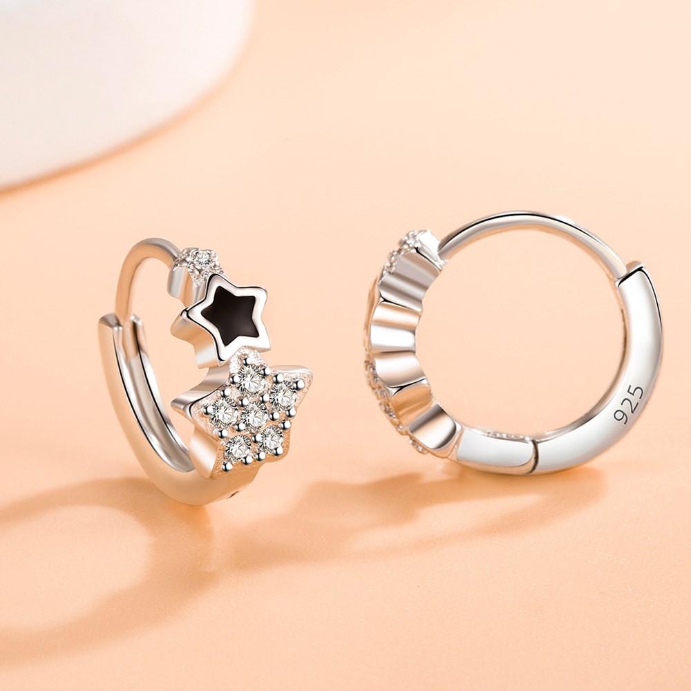 925 Silver Woman Jewelry High Quality Crystal Zircon Simple Epoxy Black Five-pointed Star Earrings