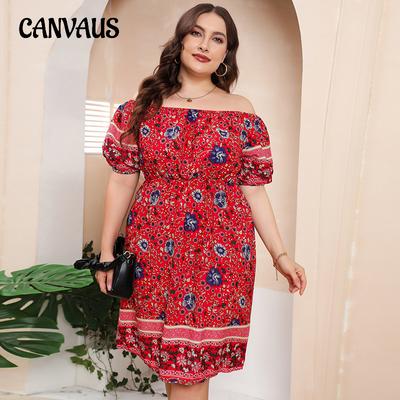 Letnia sukienka damska Plus Size Czeskie czerwone sukienki z nadrukiem Luźne, krótkie sukienki z jednym dekoltem