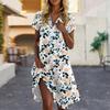 Women's Casual Fashion Lapel Floral Print Dress Short Sleeve V Neck Short Skirt
