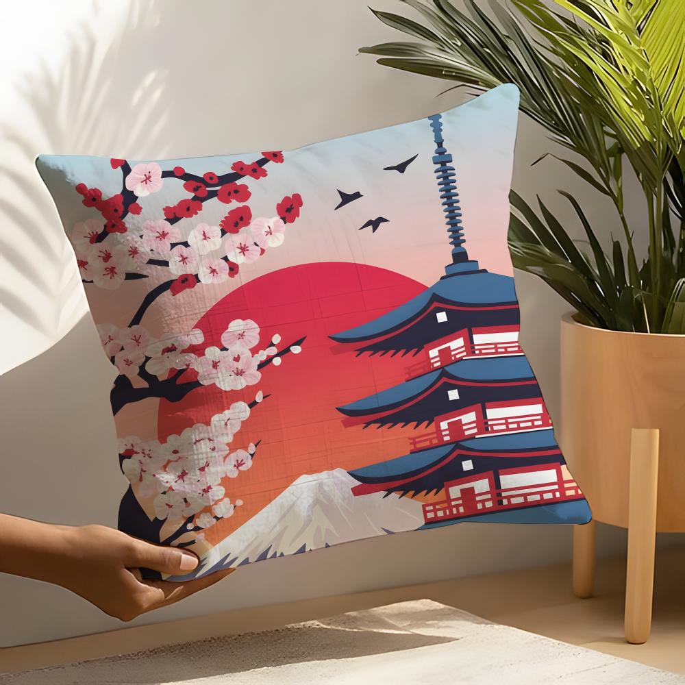 Retro Japanese Pagoda Landscape 2 Pillow Case Linen Cushion Covers For Decorative Sofa Home Pillows Case Car Chair Pillows Cases