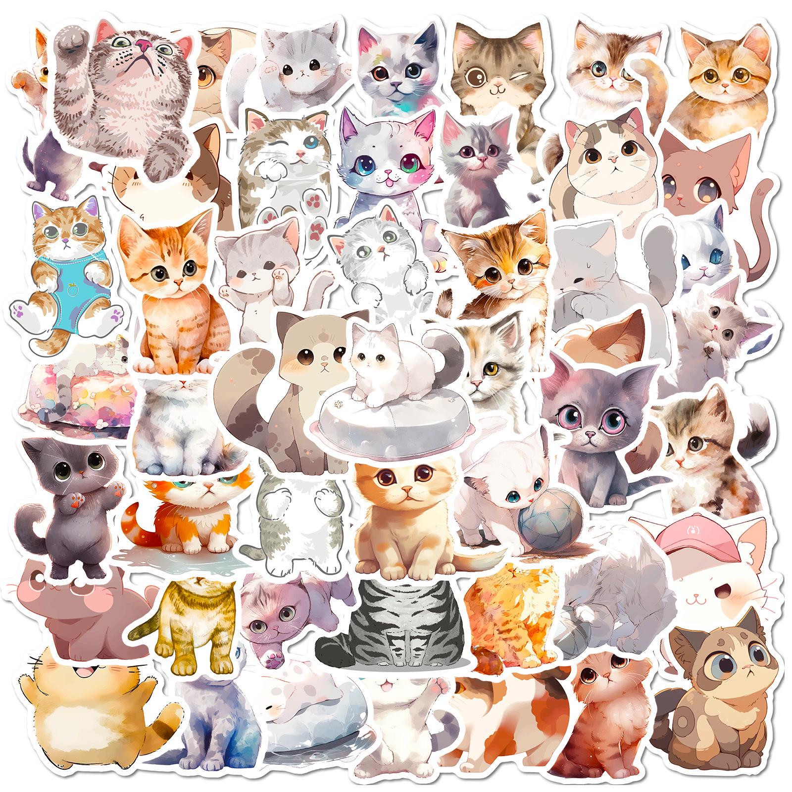 50 Cute Light-Colored Watercolor Cat Stickers - Adorable Cartoon Kittens for Laptops