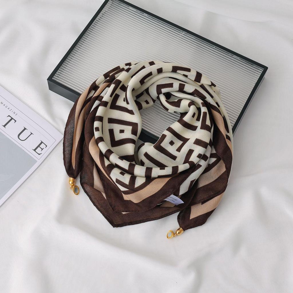 Women's 65" Silk Square Scarf with Magnetic Buckle – Autumn/Winter Print, Fashionable & Versatile Triangle Snood