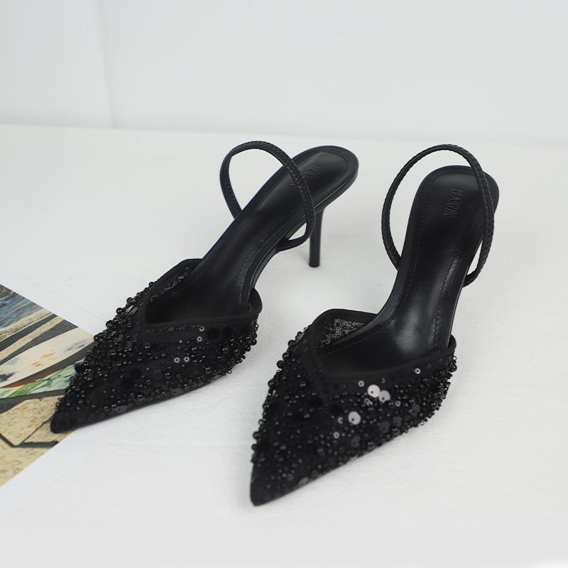 

Fashion 2025 New Summer Brand Women Sandals High Heeled Party Shoes Lady Luxury Sequin Pearl Stiletto Elengat Mesh Slingbacks Sandal 42 чёрный