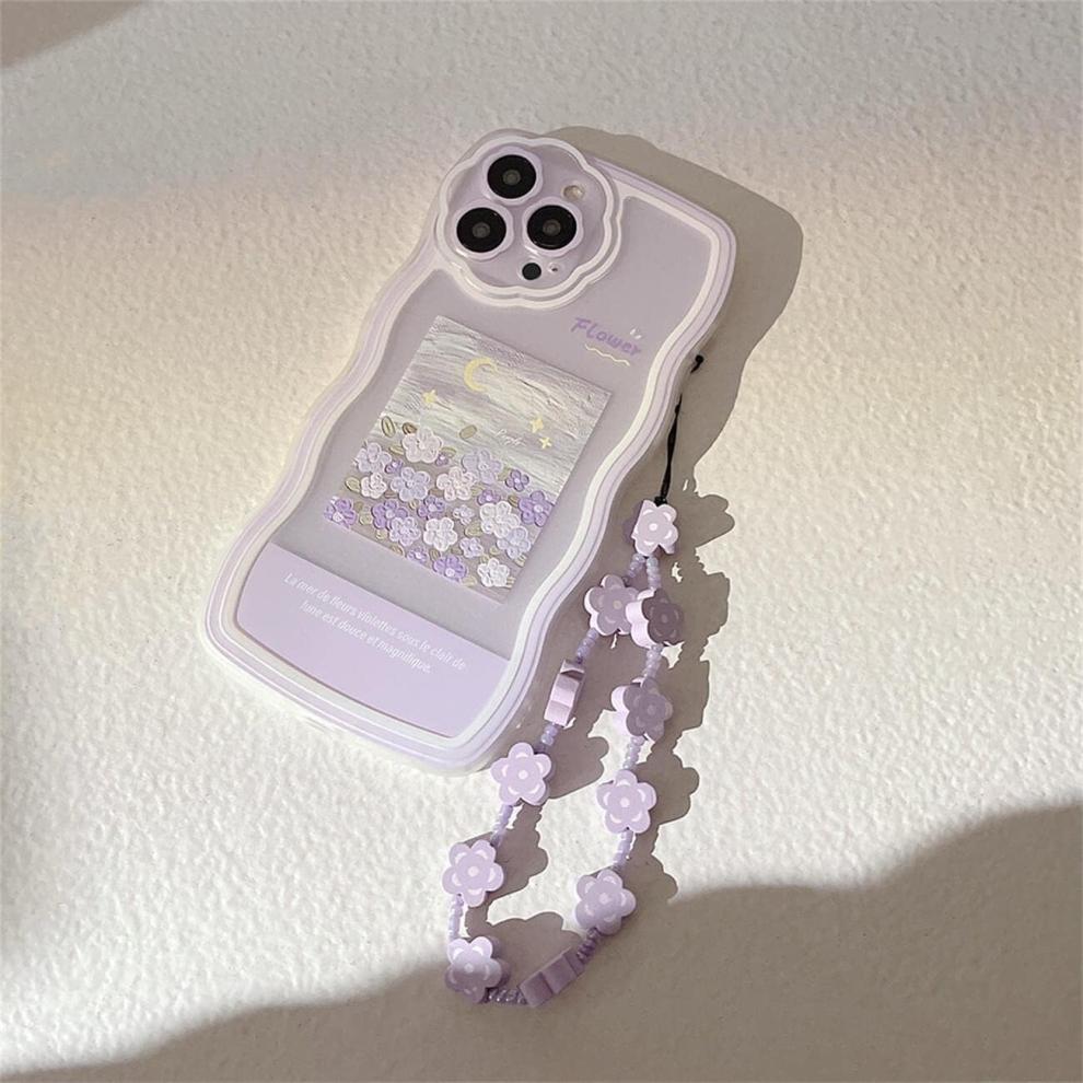 iPhone 11 Case with Cute Purple Flower Floral Pattern Design Aesthetic Women Teen Girls Flower Lens Protection Case for iPhone 11 +Chain-Flower