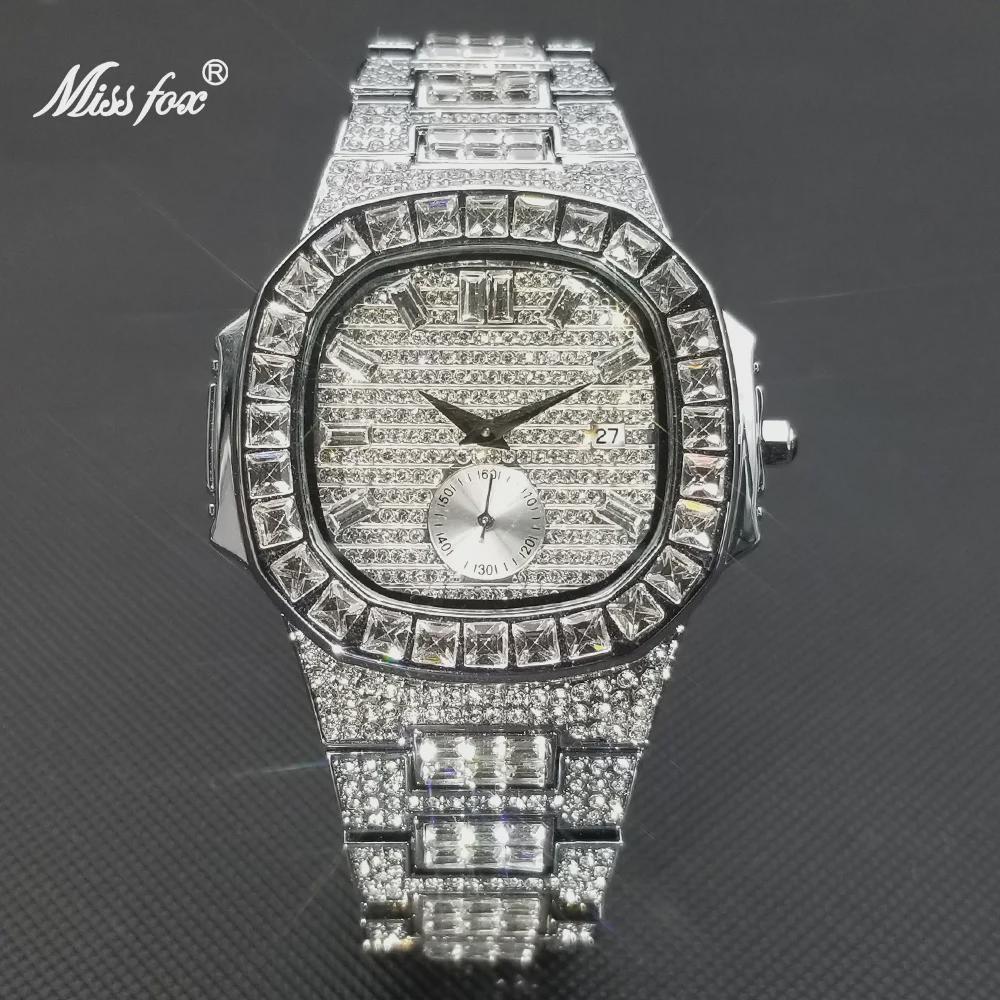 Hip Hop Iced Out Mens Watch Diamond Paved Analog Quartz Watch Waterproof Stainless Steel Luxury Wristwatch