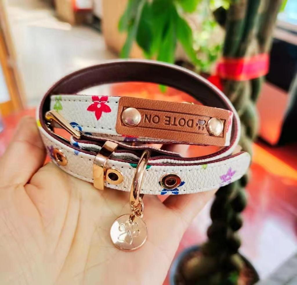 Vintage Floral Leather Pet Collar & Leash Set for Dogs and Cats
