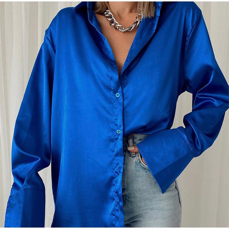 Damen 2023 Elegant Satin Einfarbig Langarm Blusen Damen Chic Vintage Blau Grün Lässig Locker Sitzend Knöpfe Hemden Oberteile