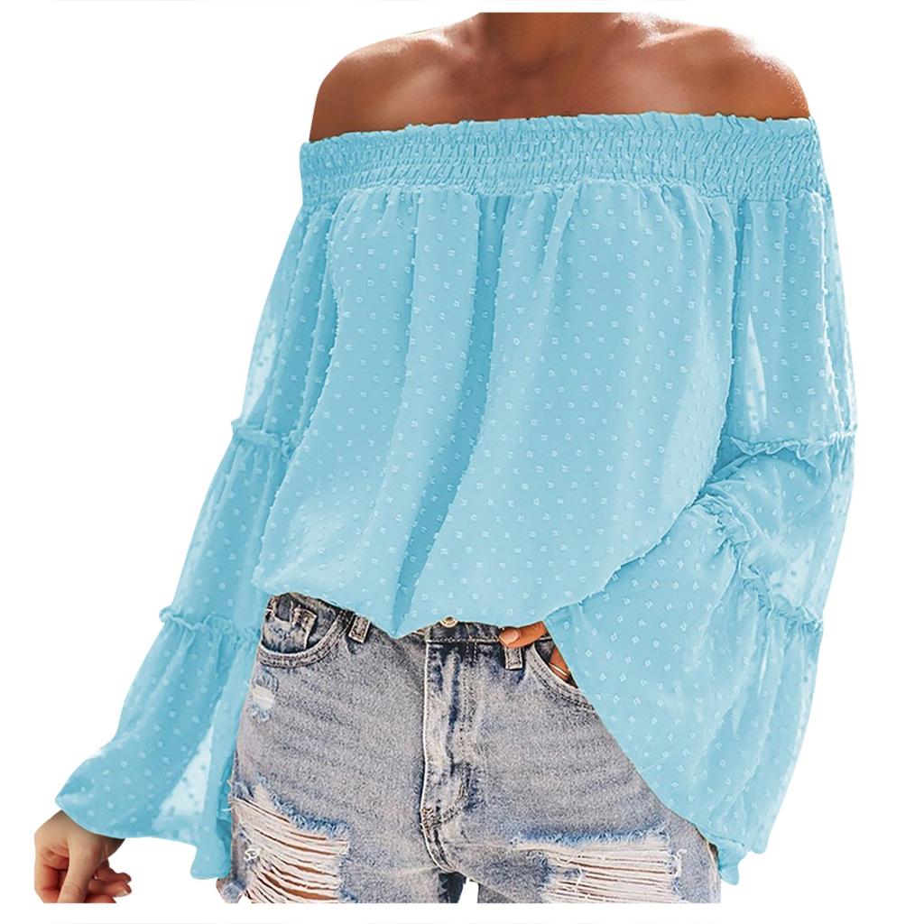 Fashion Flared Long-sleeved Chiffon Off-the-shoulder Neckline Hollow Loose Top