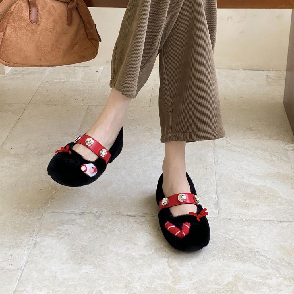 2025 autumn fashion word with rhinestone bow, light mouth, thick sole, fluffy, versatile, and sweet single shoes