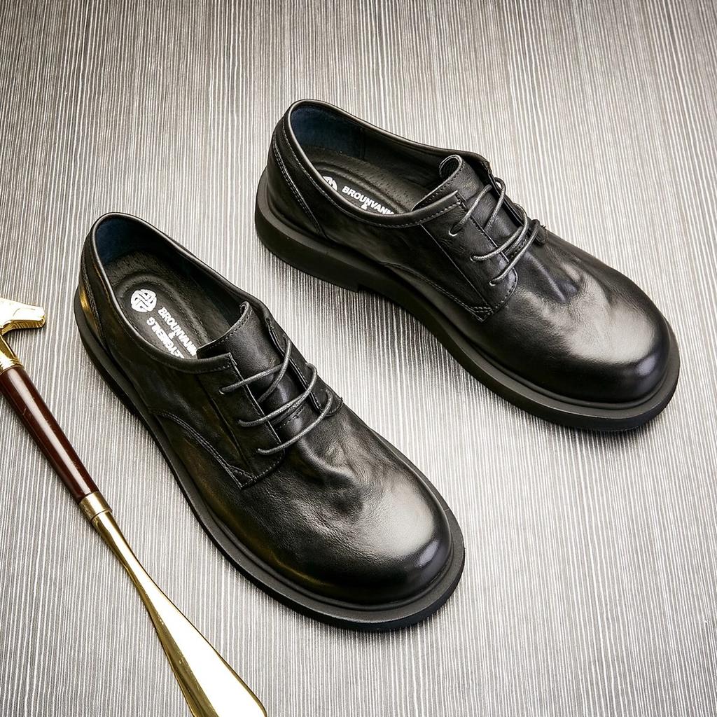Lederschuhe Herren Trend Britische Low-Top Freizeitschuhe Business Runde Zehe Vielseitige Schwarze Mode Lederschuhe Weichsohlige Herrenschuhe