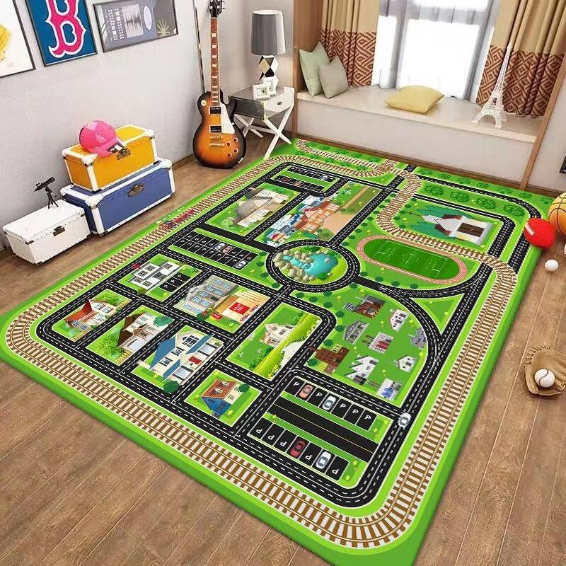 Waschbarer Frühbildungs-Teppich für Kinderzimmer Weiche Stoff-Spielmatte mit Verkehrswegen Puzzle-Design
