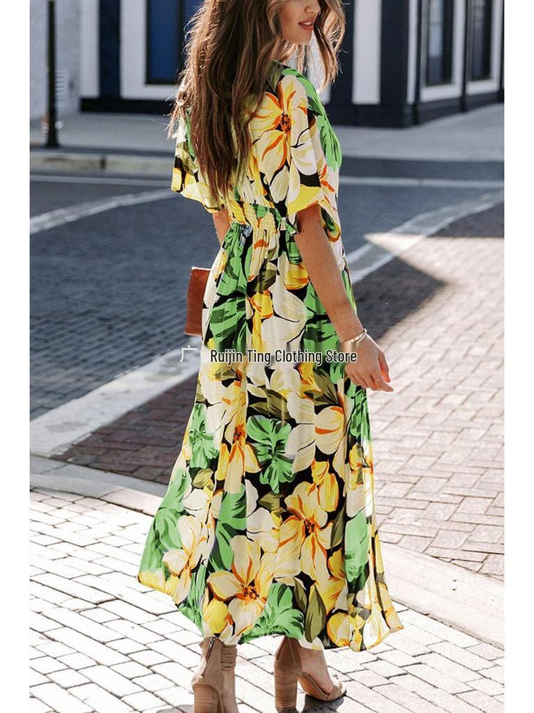 2026 Summer Floral V-Neck Dress: European & American Style, Slimming Fit for Women