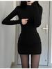 Petite Korean Style Black Spicy Girl Mid-Length Velvet Hip-Hugging Autumn/Winter Skirt Dress