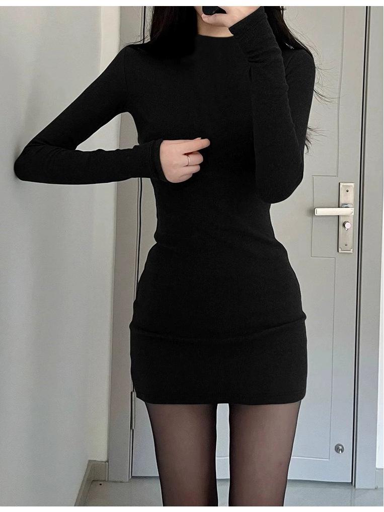 Petite Korean Style Black Spicy Girl Mid-Length Velvet Hip-Hugging Autumn/Winter Skirt Dress