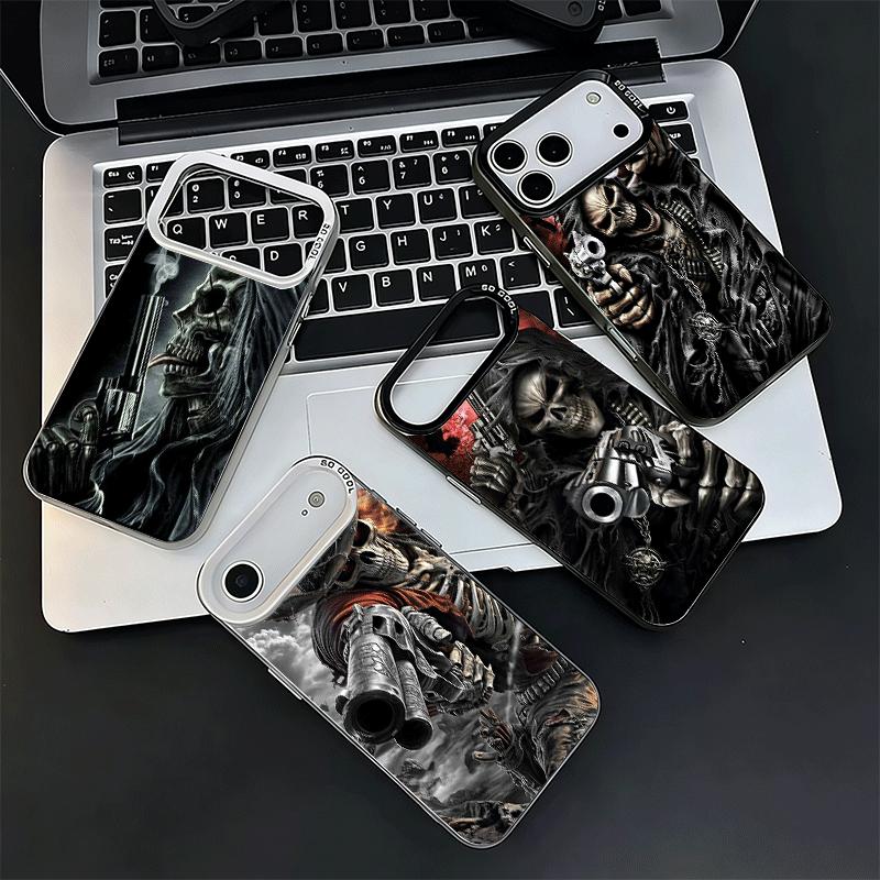 Sensemann Totenkopf Skelett Pistole Stoßfeste Handyhülle für iPhone 17 Air 16 16E 15 Pro Max 14 Plus 13 Mini 12 Rückseite Anti-Fall-Schutz