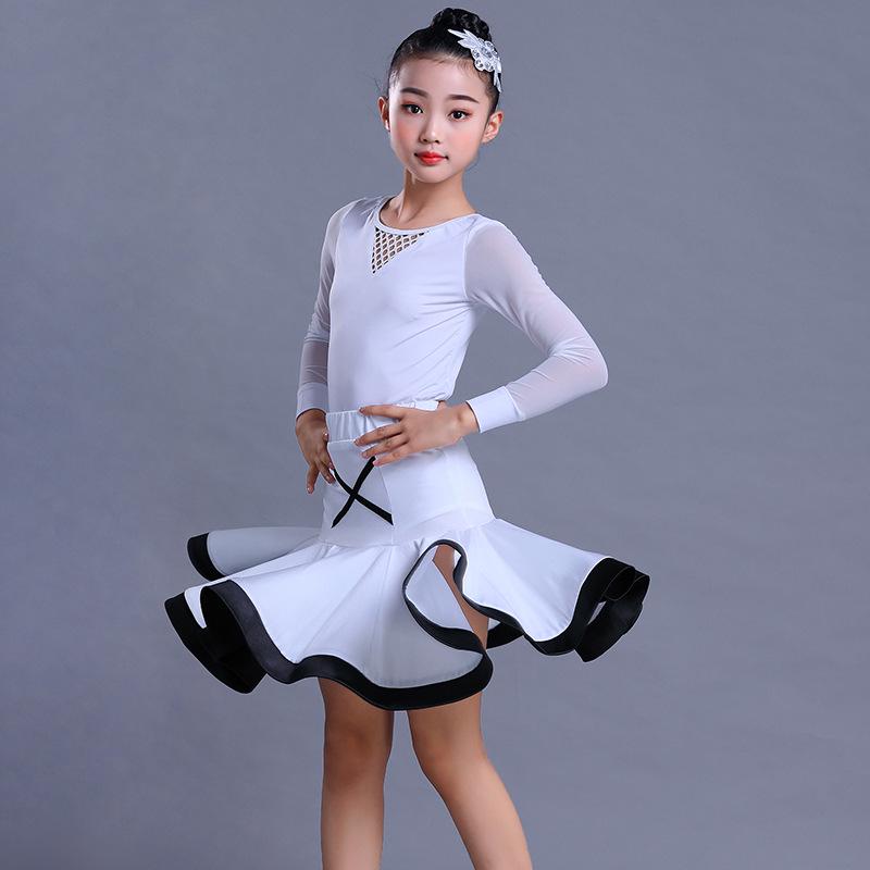 Girls' Exam Grade Latin Dance Costume Set - Long Sleeve Jumpsuit with Skirt for Autumn Practice
