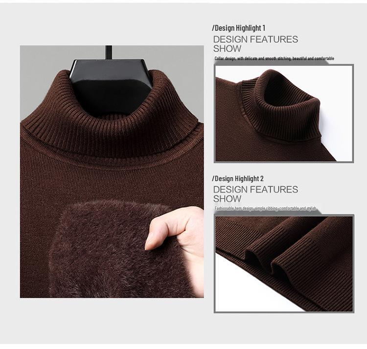 Men's Casual High Neck Knitted Sweater - Velvet Mink, Thickened, Plus Velvet, Basic Style