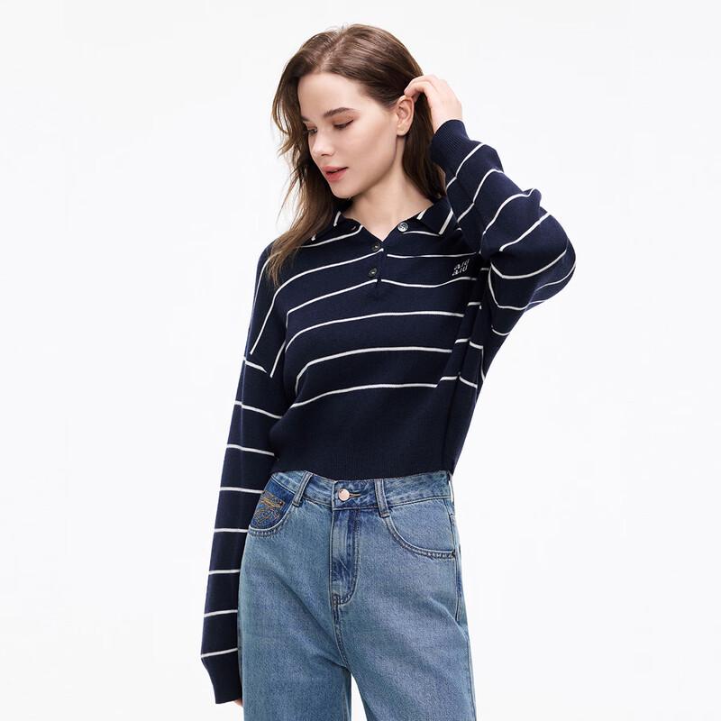 SheTu Women's Polo Collar Striped Knit Pullover