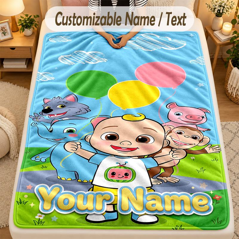 Flannel BlanketCocomelon Custom Name Text Personalized Soft Warm Throw Blanket Home Decor Gift