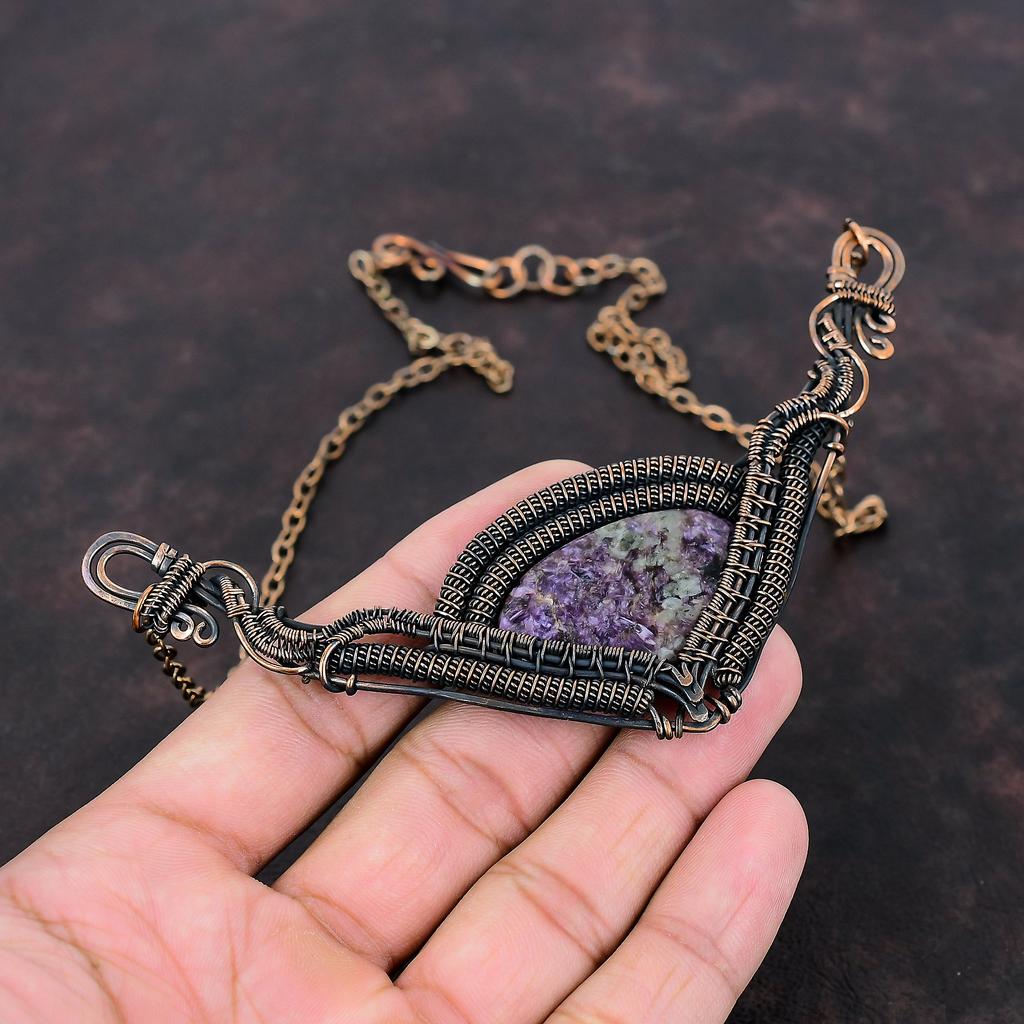 Charoite Necklace Copper Wire Wrapped Gemstone Necklace Adjustable Chain Necklace Copper Jewelry For Gift Handmade Jewelry Stylish Necklace