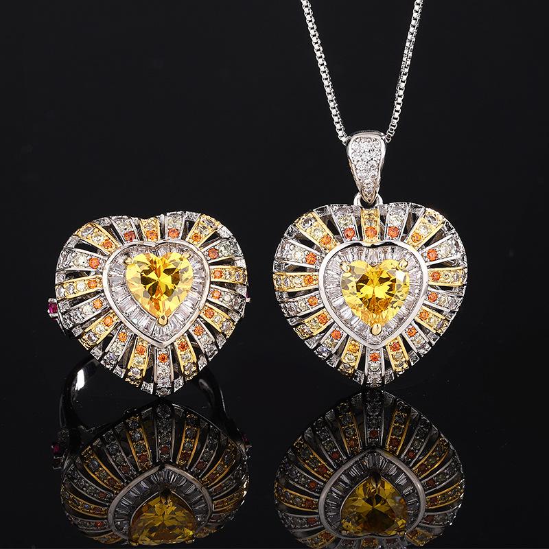 New Huamei Fashion Red Corundum Powder Zirconia Golden Set Light Luxury Jewelry Women's Necklace Ring