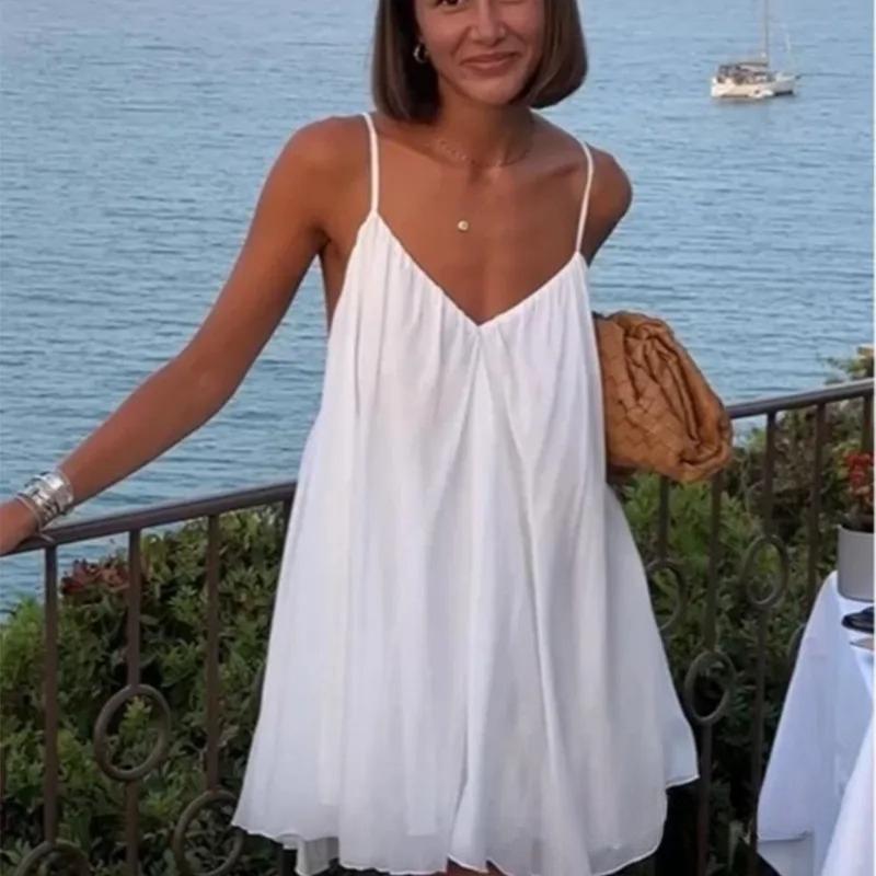 Women Solid Color Backless Sling Dress V Neck Loose Fashion Mini Short Dresses Holiday Elegant Women Dress
