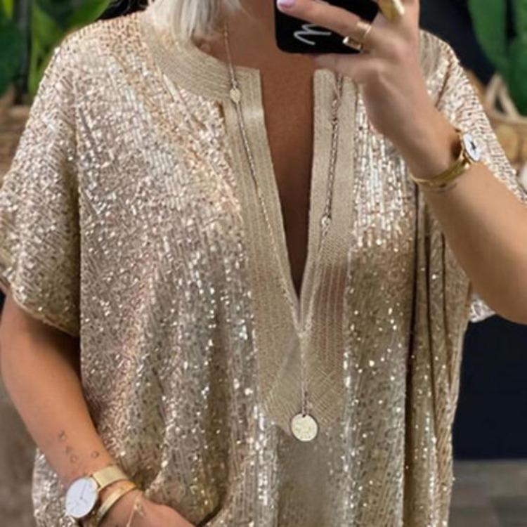 V Neck Short Sleeve Blouse Loose Tops Women Ladies Vacation T-shirt Wide Hem