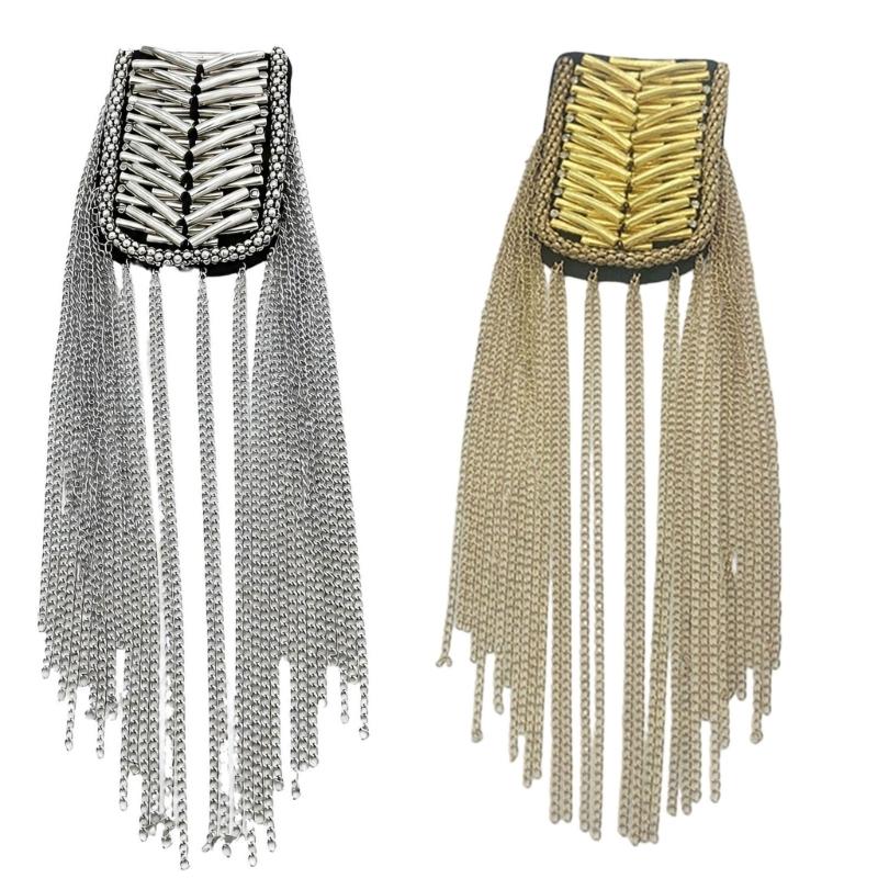 2Pcs Hand-Sewn Shoulder Epaulettes for Formalwear, Pair with Metal Tassels and Angled Tube Rows for Weddings and Ceremonies