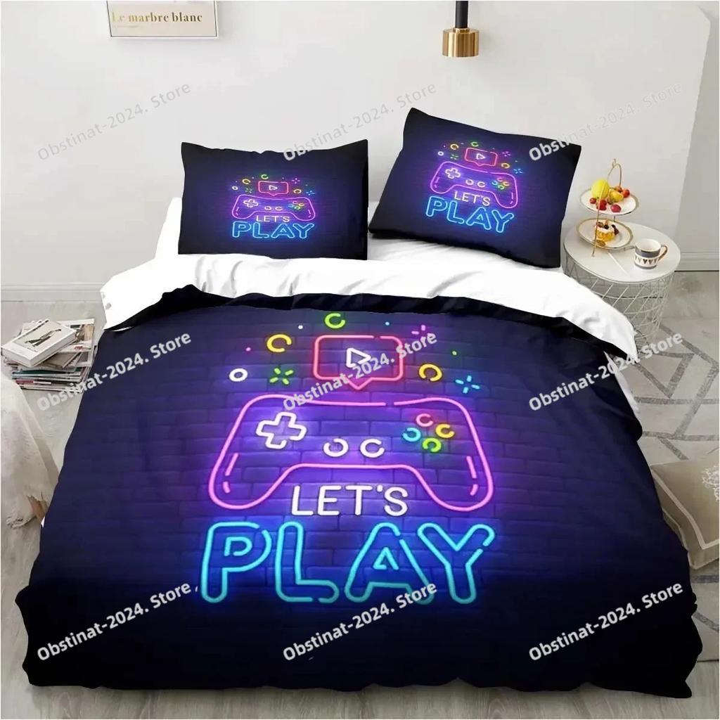 Set Copripiumino Gaming Decorazione Stanza dei Giochi Ragazzi ragazzi Adolescenti Copripiumino Videogioco Set Biancheria da Letto Singolo Let's Play Copripiumino Set da Letto
