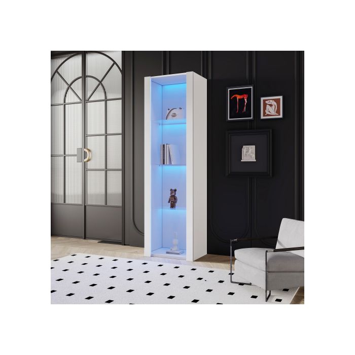 Vitrine Blanche Brillante Avec Éclairage LED, 3 Étagères En Verre, 55*38*166 Cm, Vitrine