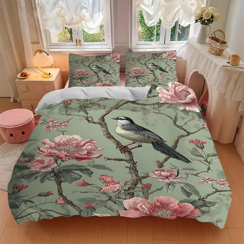 Bird Amidst Floral Branches Print 3Pcs Bedding Setduvet Cover With 2 Bedropillowcase Home Birthday Gift