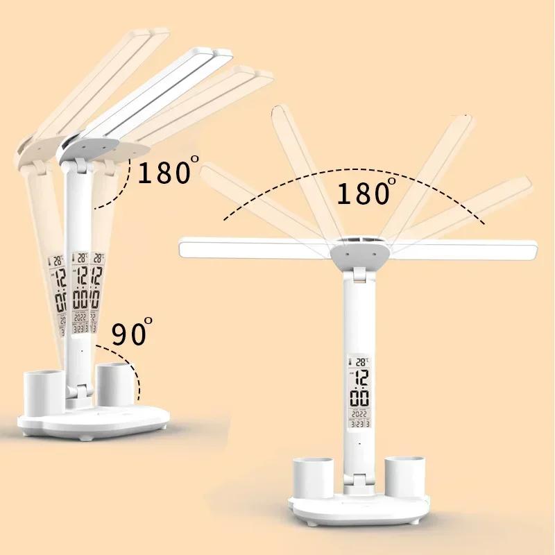 Lâmpada de mesa led usb regulável toque dobrável lâmpada de mesa com calendário temperatura relógio luz da noite para estudo lâmpada de leitura