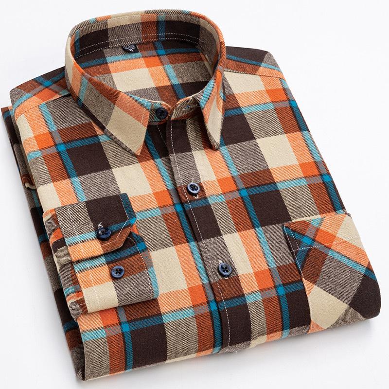 Men's Spring and Autumn Brushed Cotton Top Plaid T-shirt Casual Long Sleeve Turn Down Collar Shirt