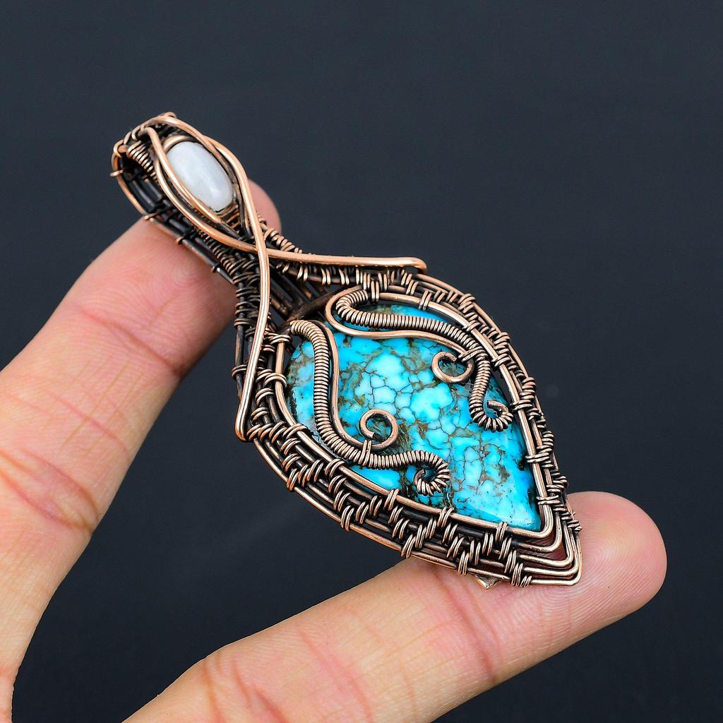 Blue Turquoise, Moonstone Gemstone Pure Copper Wire Wrapped Designer Handmade Pendant Jewelry Gift For Her