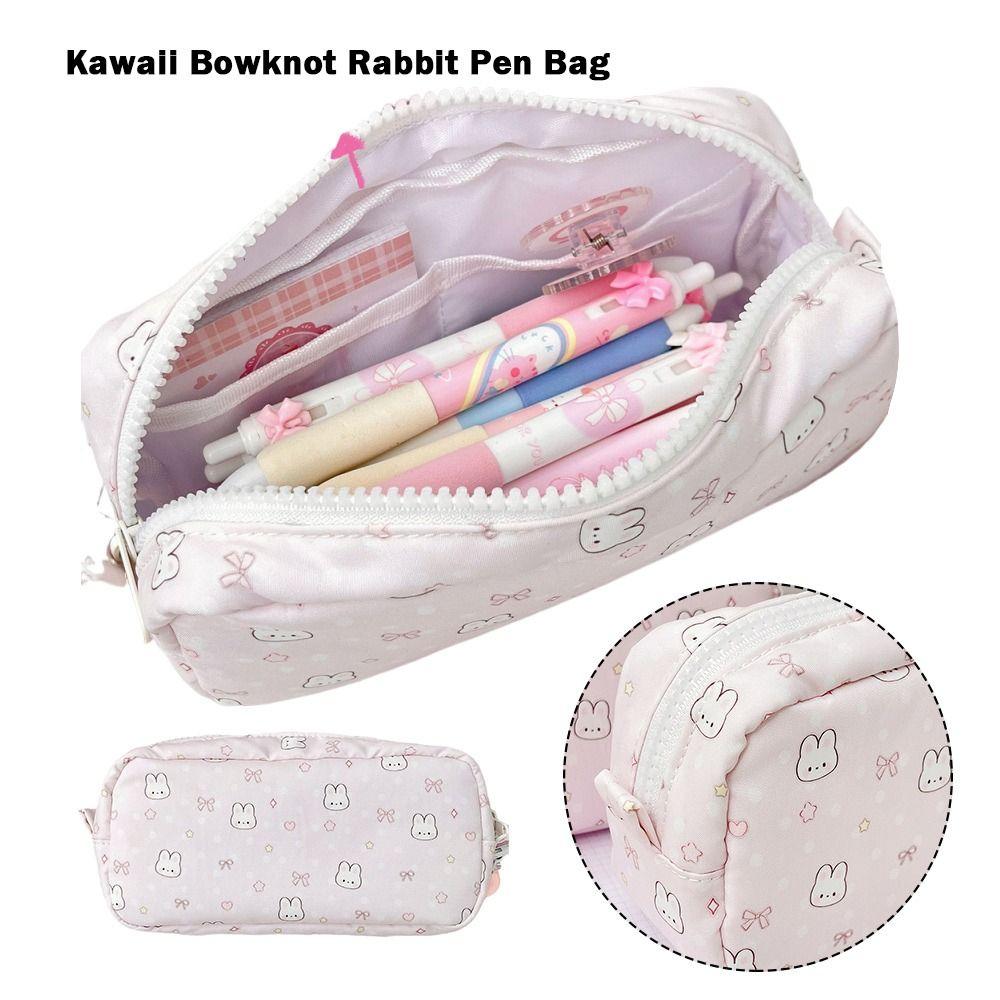 Large Capacity Bowknot Rabbit Pen Bag Soft Touch Multi-functional Stationery Storage Bag Pen Box Back To School