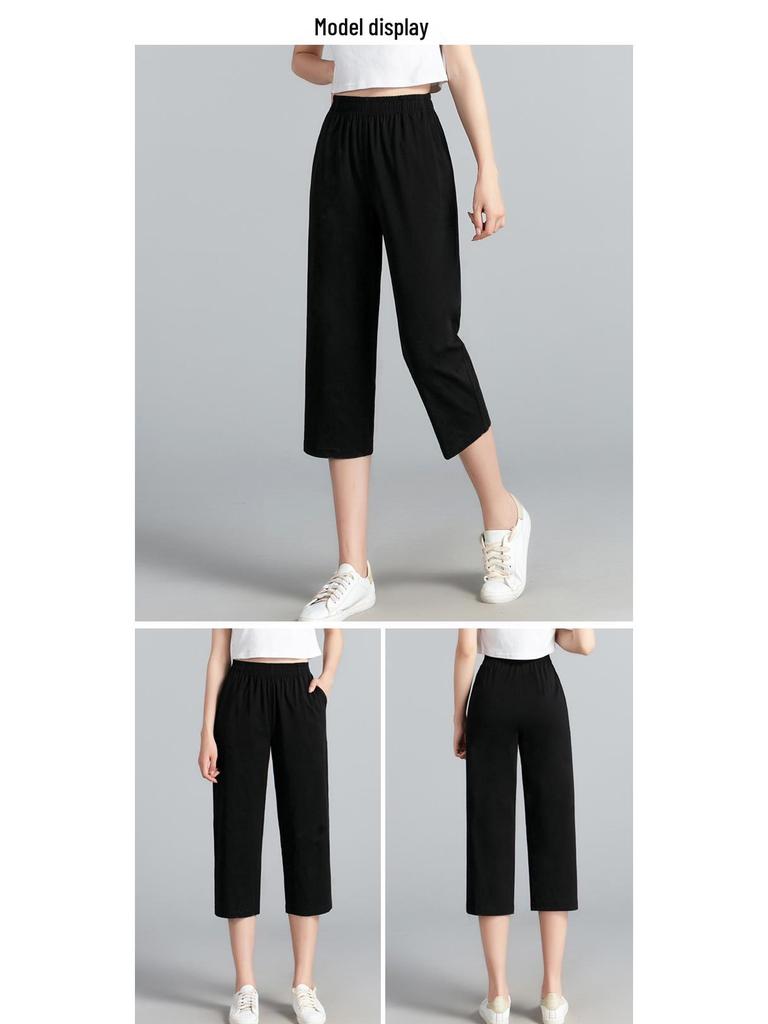 Women's Summer Cotton Breathable High-Waist Loose Straight Cropped Pants
