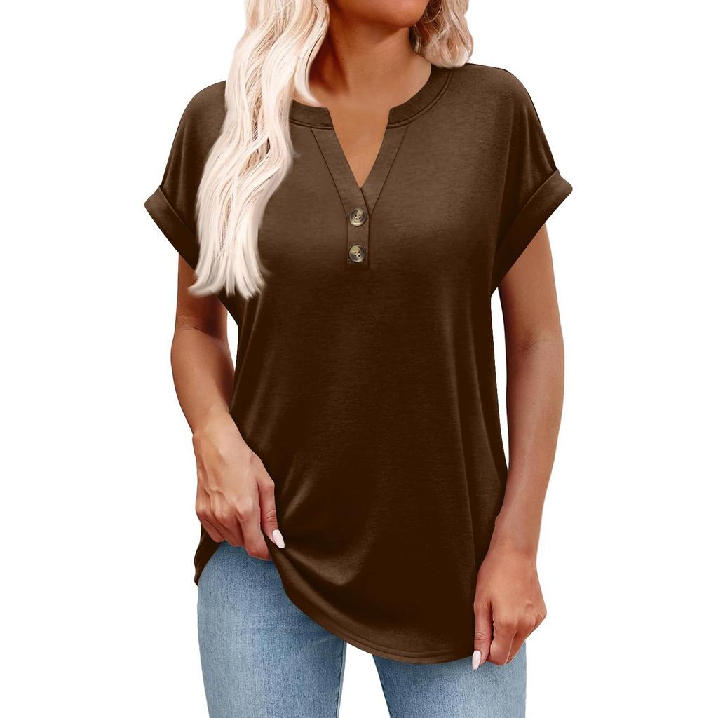Women's Fashionable Casual Short-sleeved V-neck Button Printed Pullover Top